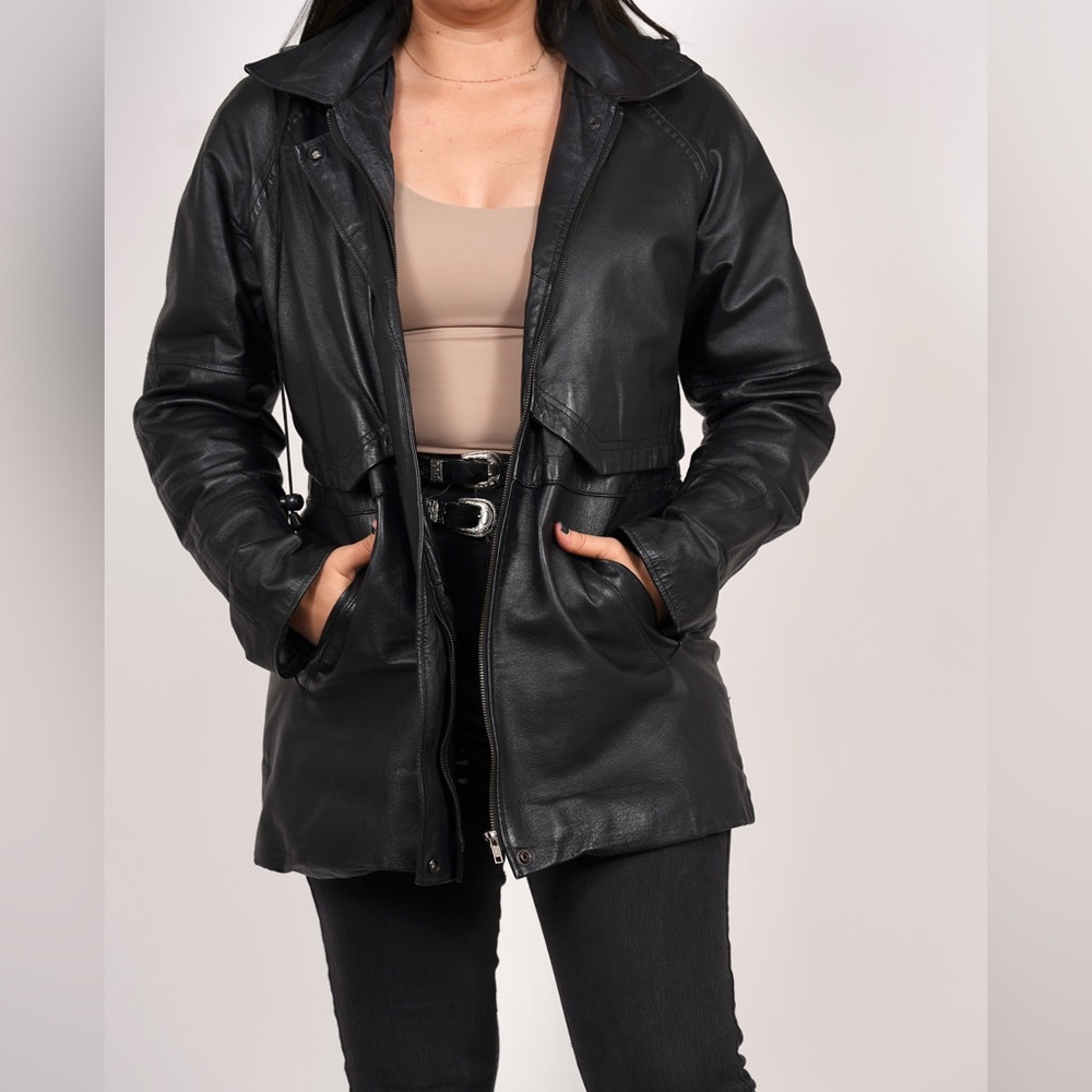 hooded black leather trench coat, leather jacket, sizes medium.